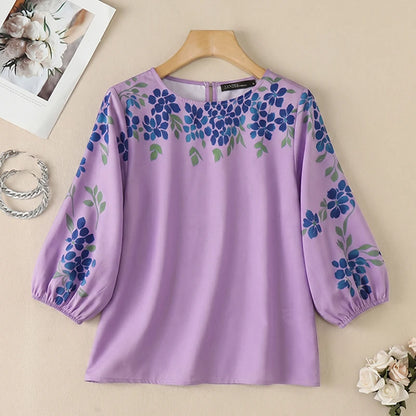 ZANZEA 2026 Woman Floral Print Blouses Elegant O-Neck 3/4 Puff Sleeve Tops Summer Casual Vacation Everyday Wear Blusas de Mujer