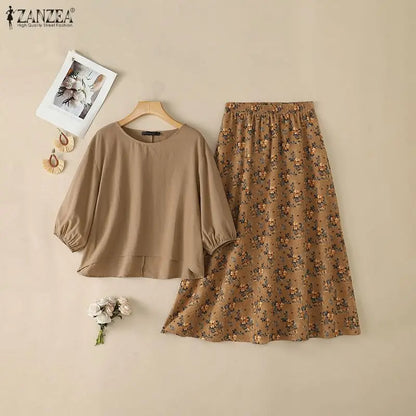 ZANZEA Autumn Bohemian Outfits Women 2 Pieces Sets 3/4 Lantern Sleeve Blouse Floral Print A-Line Maxi Skirt Casual Holiday Suit