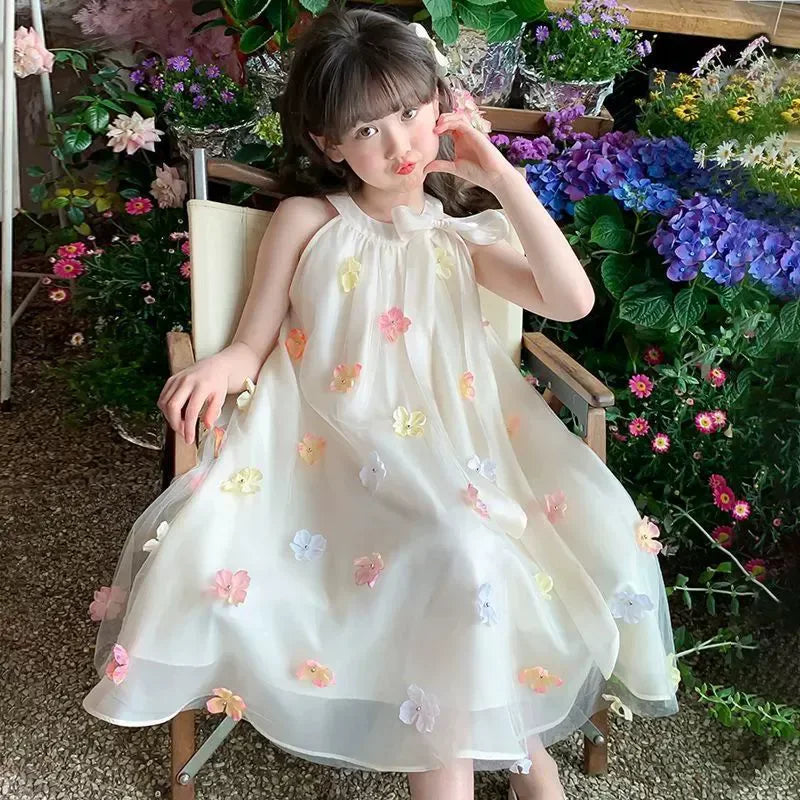 Girls Sleeveless Princess Dresses Baby Print Mesh Sweet Dresses Kids Party Evening Tutu Gown Ball Childrens Clothes 4-12 Years