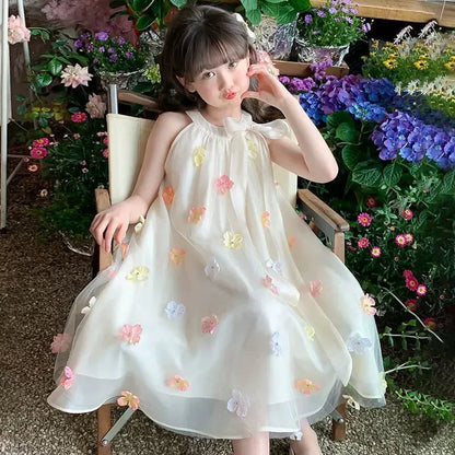 Girls Sleeveless Princess Dresses Baby Print Mesh Sweet Dresses Kids Party Evening Tutu Gown Ball Childrens Clothes 4-12 Years