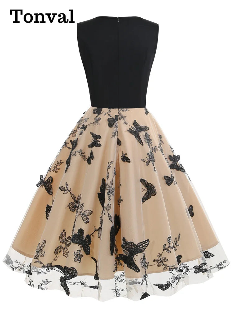 Tonval Black Patchwork Butterfly and Floral Embroidered Mesh Elegant Dresses Women Sleeveless Vintage Style Midi Dress