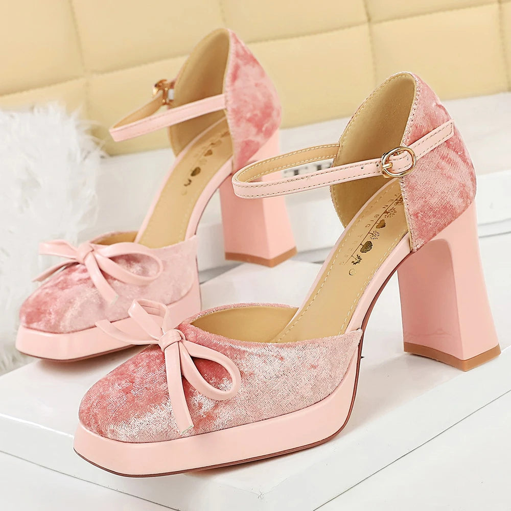 BIGTREE Shoes Suede Women Pumps Thick Heeled Shoes With High Heels Bowknot Platform Heels 9 CM Buckle High-heeled Sandals Summer