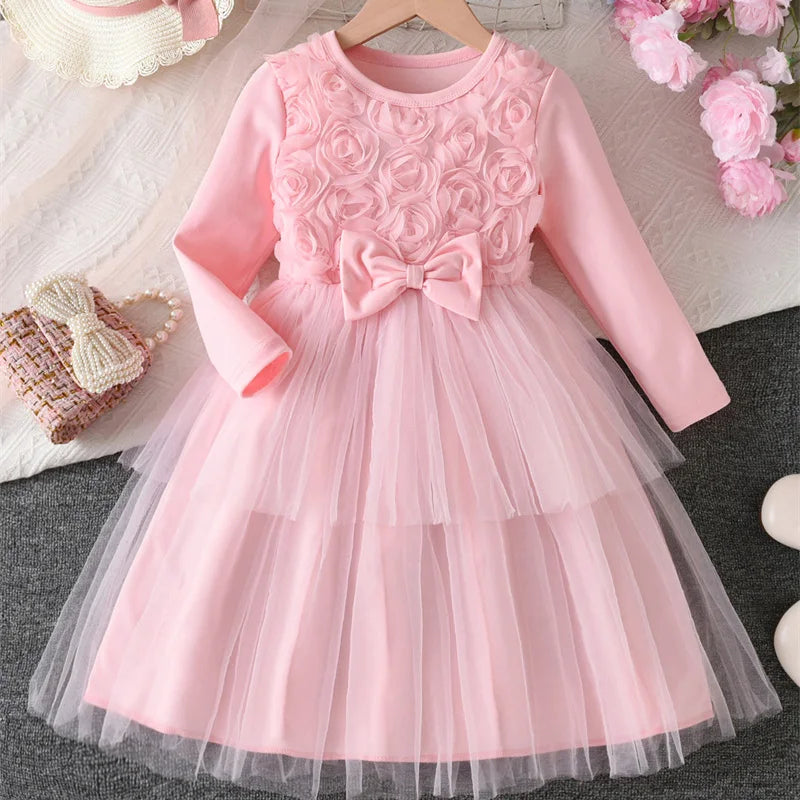 Kids Autumn 3D Flower Bow Dresses Children Princess Style Long Sleeve Mesh Puff Skirt Girls Birthday Party Performance Dress