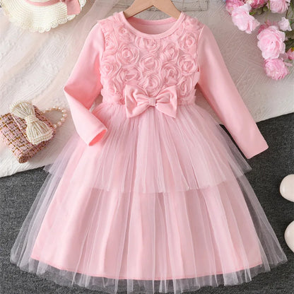 Kids Autumn 3D Flower Bow Dresses Children Princess Style Long Sleeve Mesh Puff Skirt Girls Birthday Party Performance Dress