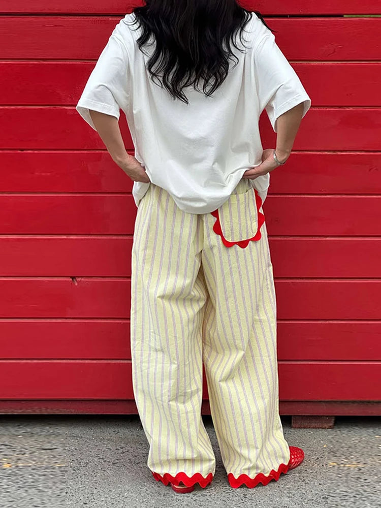 Loose Stripe Women'e Long Pants Summer Elastic Waist Contrast Ruffle Wide Leg Pant For Women 2026 Fashion Casual Lady Trousers