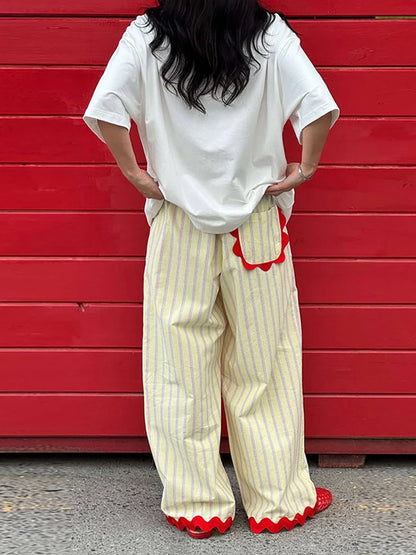 Loose Stripe Women'e Long Pants Summer Elastic Waist Contrast Ruffle Wide Leg Pant For Women 2026 Fashion Casual Lady Trousers