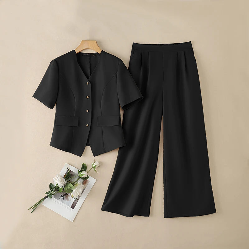 2026 ZANZEA Women Summer V Neck Short Sleeve Blouse Pant Sets Solid OL Work Outfits 2 Pieces Sets Fashion Wide Leg Trousers Suit