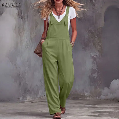 ZANZEA Women's Casual Jumpsuits Adjustable Straps Bib Trousers Overalls Summer 2026 Fashion Solid Suspender Jumpsuits Streetwear