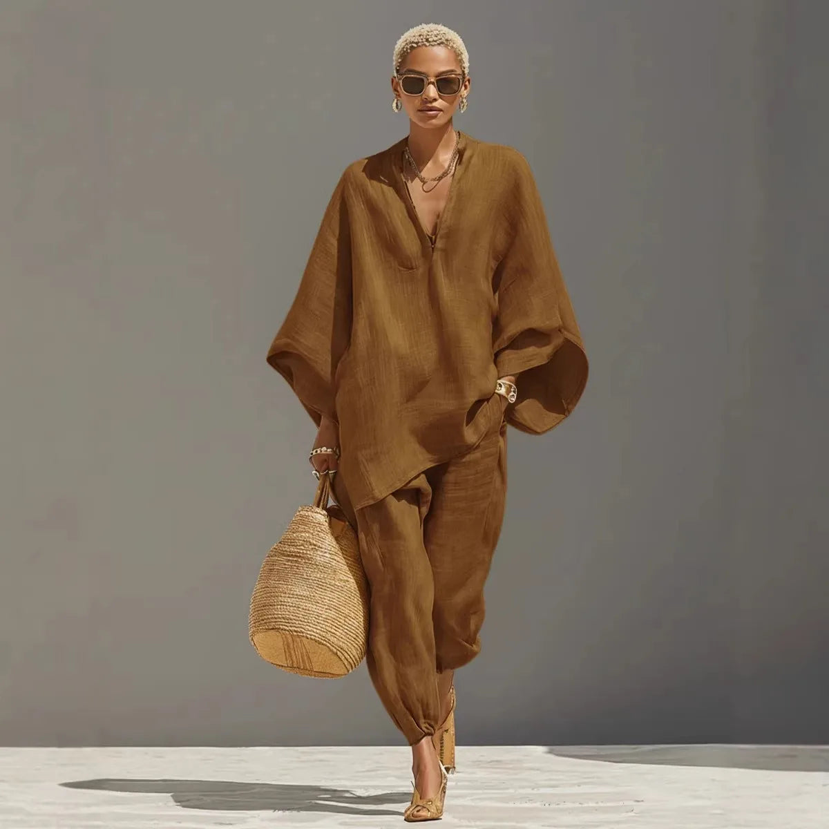 European and American Relaxation Solid Color V-neck Bat Sleeve Loose Top + Bow Leg Casual Pants Holiday Style Elegant Suit