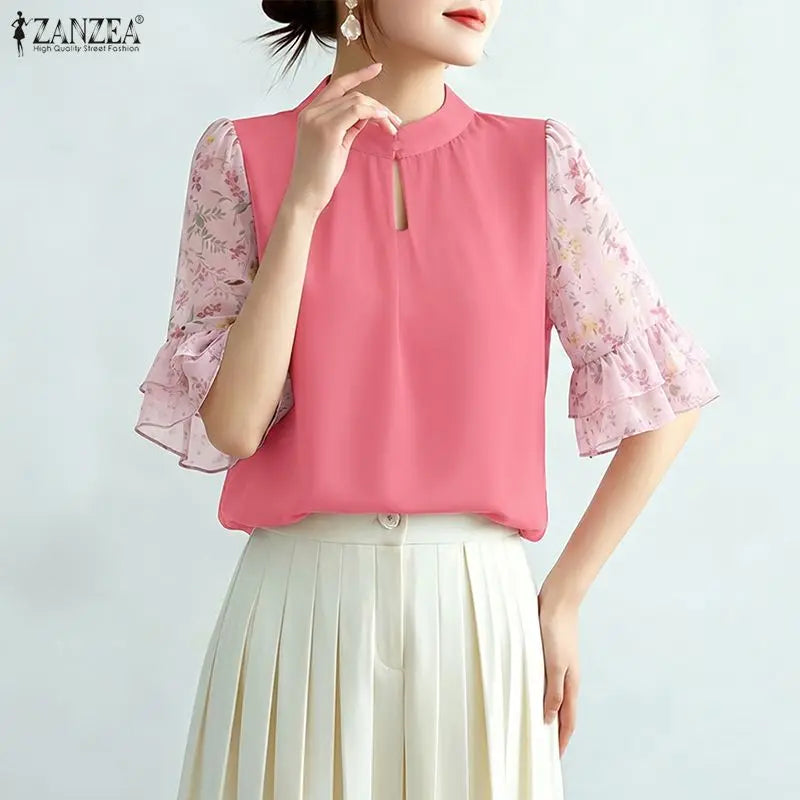 ZANZEA Women's Vintage Mandarin Collar Blouses Floral Chiffon Half Flare Sleeve Patchwork Tops Elegant Casual Blusas de Mujer
