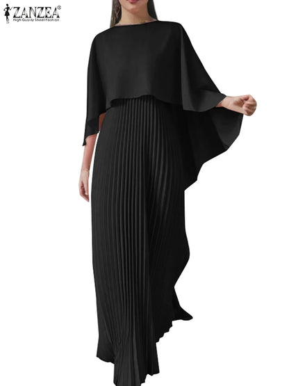ZANZEA Spring Solid Party Work Dress Sets 2pcs Women Outfits Fashion Poncho Blouse Pleated Sundress Elegant Loose Matching Sets