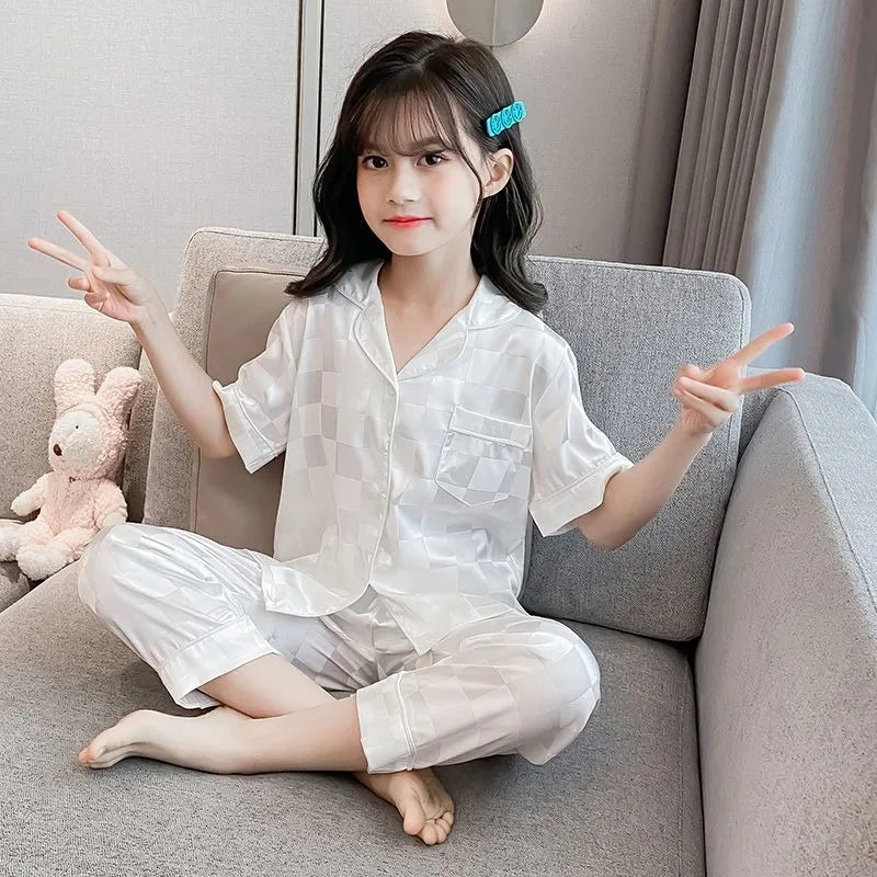 Girls Summer Ice Silk Pajamas Set Short Sleeve Princess Style Cooling Homewear for Kids