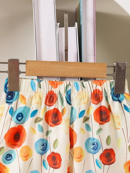 Girls' Summer Casual Print Two-Piece Set Hanging Neck Top And Shorts Outfit for Kids