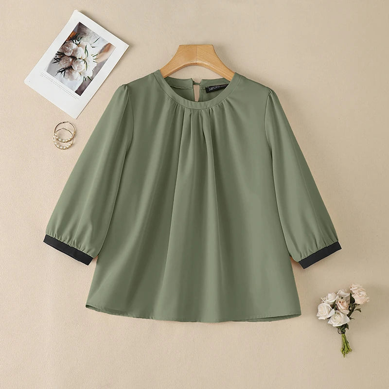 ZANZEA Woman Casual Blouses Gathered O-Neck Contrast-Trim 3/4 Sleeve Solid Color Tops 2026 Summer Everyday Wear Blusas de Mujer