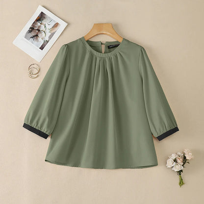 ZANZEA Woman Casual Blouses Gathered O-Neck Contrast-Trim 3/4 Sleeve Solid Color Tops 2026 Summer Everyday Wear Blusas de Mujer