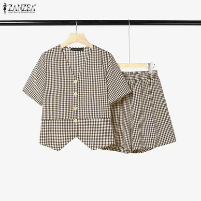 ZANZEA Women's Gingham Patchwork Short Sets Short Sleeve Tops & Elastic Waist Shorts 2 Piece Suits Summer Daily Casual Outfits