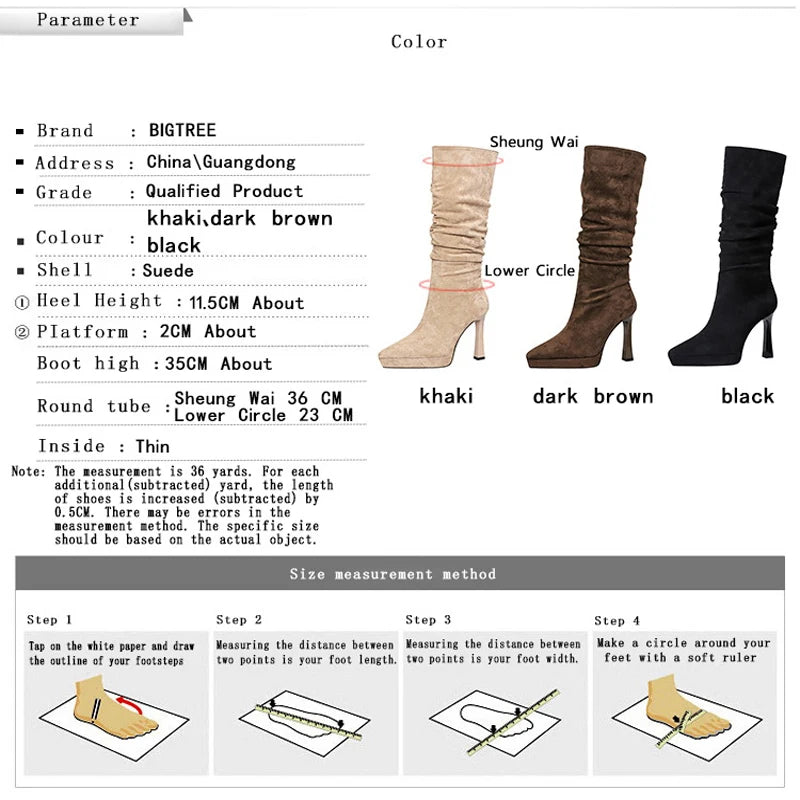 BIGTREE Shoes Women Knee-High Boots Pointed High-Heeled Boots Suede Women Boots Side Zipper Design Long Boots Platform Shoes
