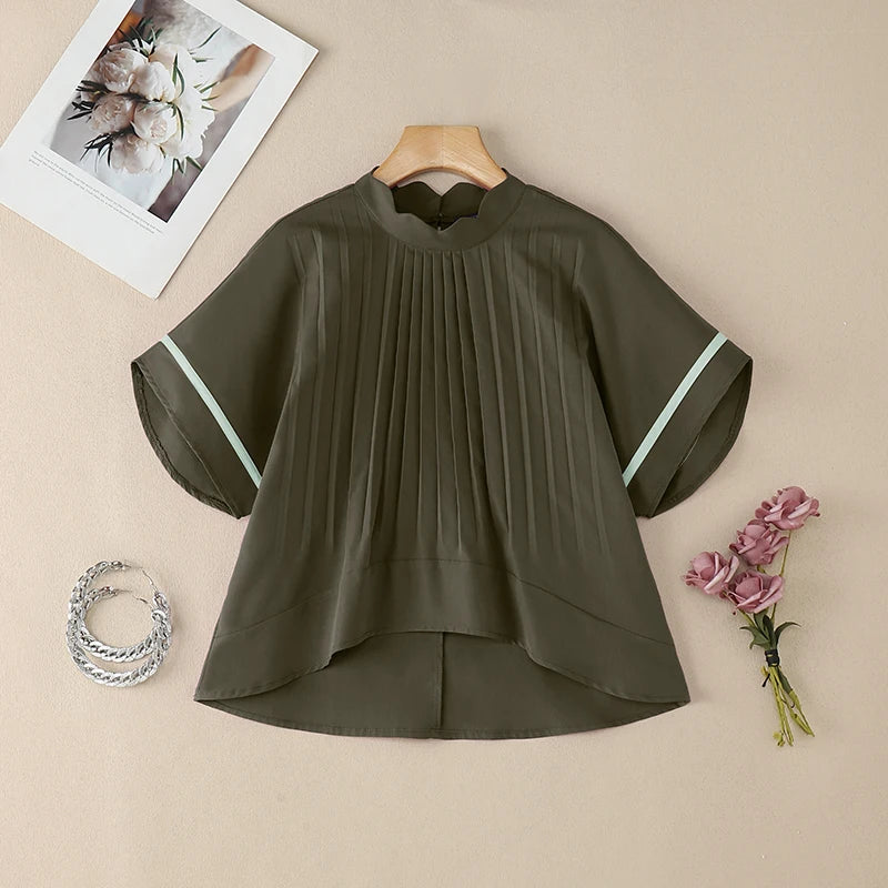 ZANZEA Women's Pleated Scalloped Mock Neck Blouses, Fashion High-Low Hem Tops with Contrast Trim Bell Sleeves, Woman Clothes