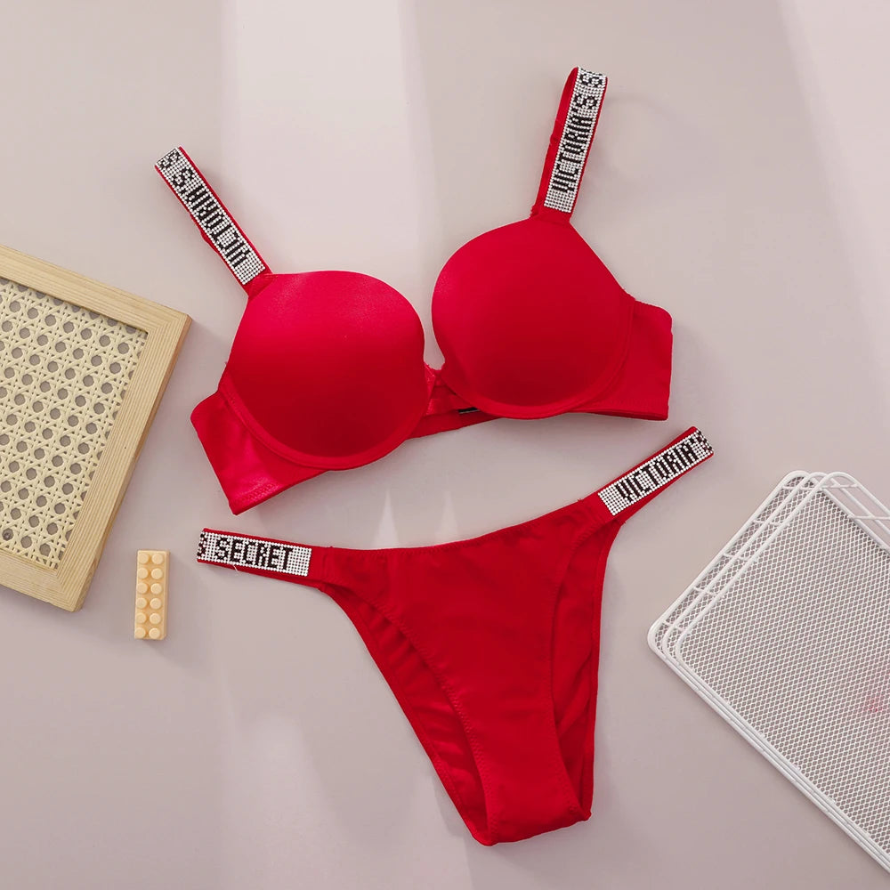 Victoria Secret Sexy Women Underwear Very Sexy Logo Shine Strap Push Up Bra Shine Script Thong Panty Set Hot