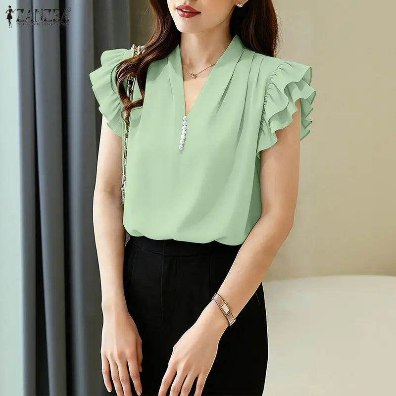 ZANZEA Women Sophisticated Elegant Flying Sleeves Blouses V-Neck Pearls Detail Solid Color Tops Summer Pleated Blusas de Mujer
