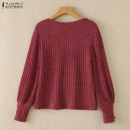 ZANZEA Woman Casual Ribbed Knit Blouses Suqare Neck Long Sleeve Solid Pullover Tops 2026 Autumn Daily Wear T-Shirts Streetwear