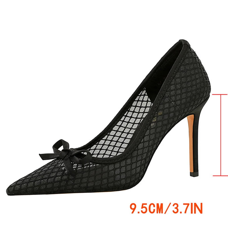 BIGTREE Shoes Mesh Lace Women Pumps Bowknot High Heels 9.5 Cm Stiletto Sexy Party Shoes Luxury Banquet Shoes Ladies Pumps 2026