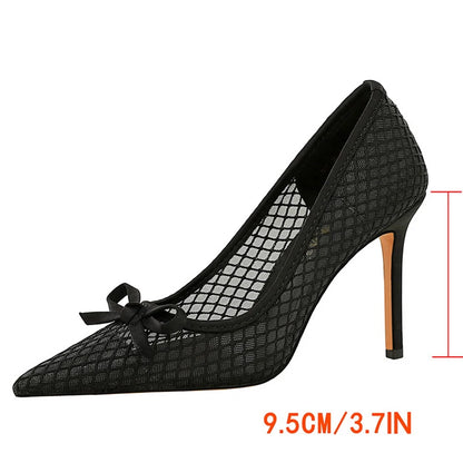 BIGTREE Shoes Mesh Lace Women Pumps Bowknot High Heels 9.5 Cm Stiletto Sexy Party Shoes Luxury Banquet Shoes Ladies Pumps 2026