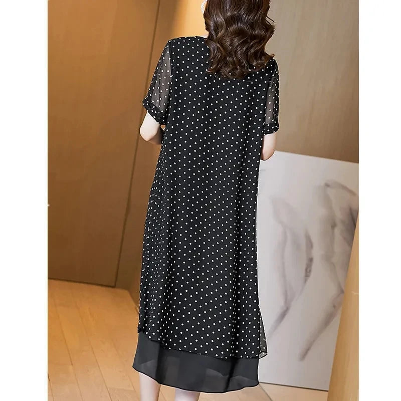 Summer Short Sleeves Covering Belly High End Chiffon Dress 2026 New Large Size Loose Dot French Style Long Dress Women Vestidos