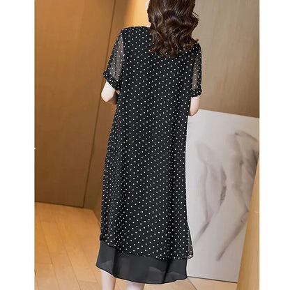 Summer Short Sleeves Covering Belly High End Chiffon Dress 2026 New Large Size Loose Dot French Style Long Dress Women Vestidos