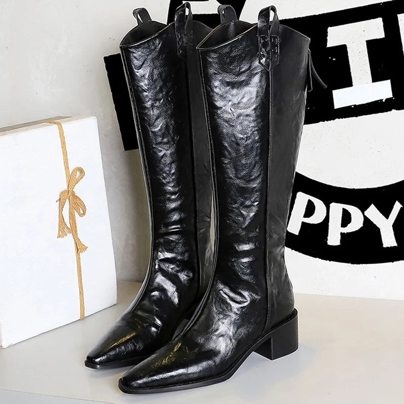 BIGTREE Spring Autumn Pointed Toe Knee-High Boots Women Designer Vintage Square Low Heels Shoes Modern Long Botas Para Mujer