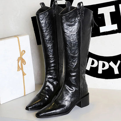 BIGTREE Spring Autumn Pointed Toe Knee-High Boots Women Designer Vintage Square Low Heels Shoes Modern Long Botas Para Mujer