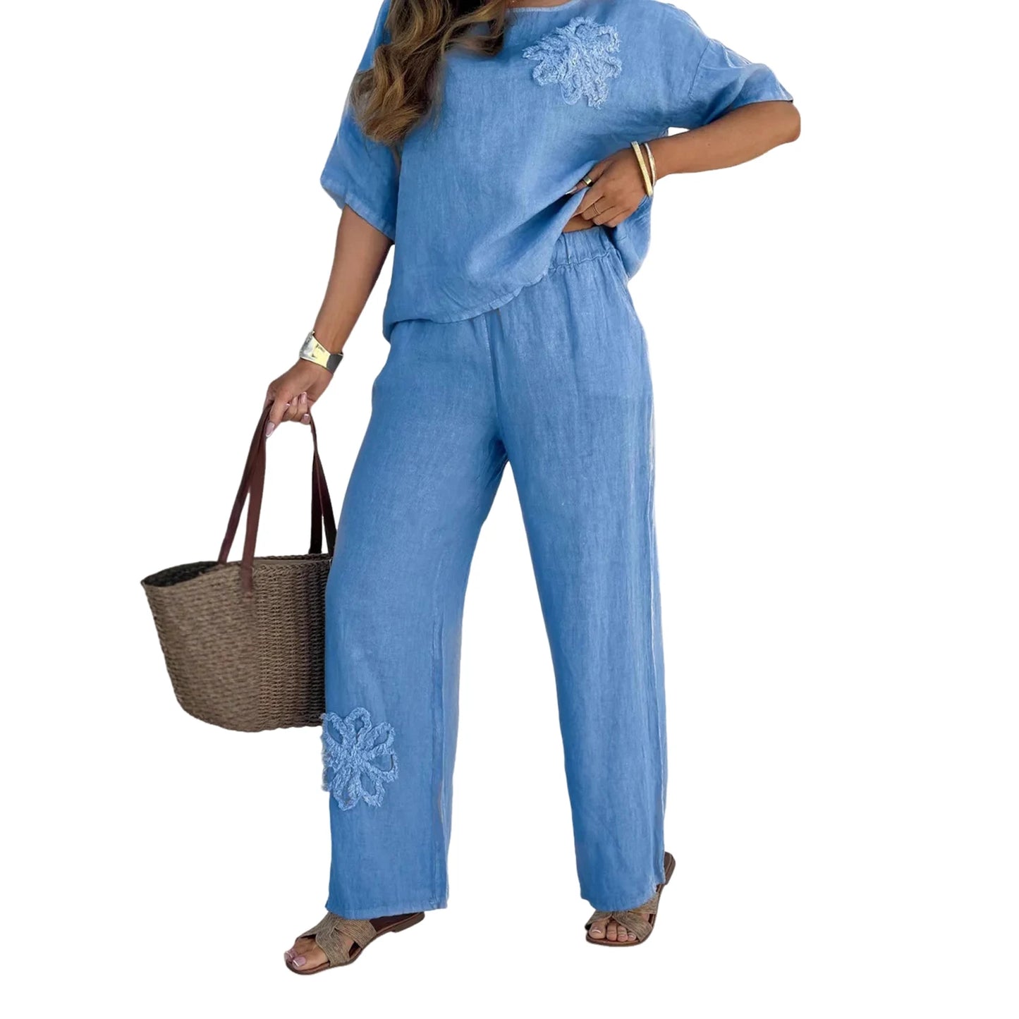 Women's Cotton Blend Suit Women's Summer Casual Printed Sportswear Set Lightweight Cotton Blend Outfit for Fashionable
