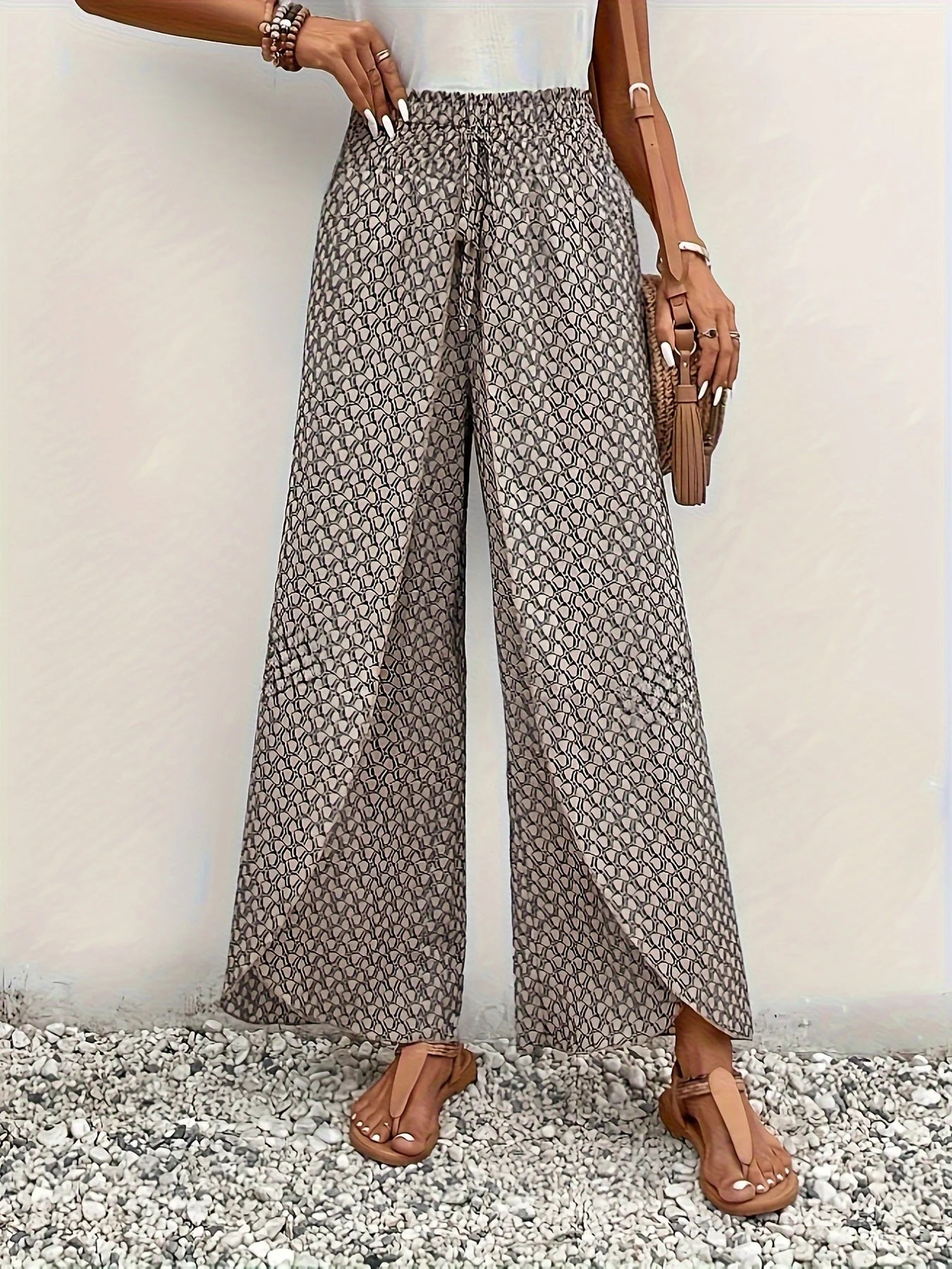 Spring Summer Women Elegant Wide Legs Pants Casual Vacation Beach Print Trousers Office Lady Loose High Waist Pants