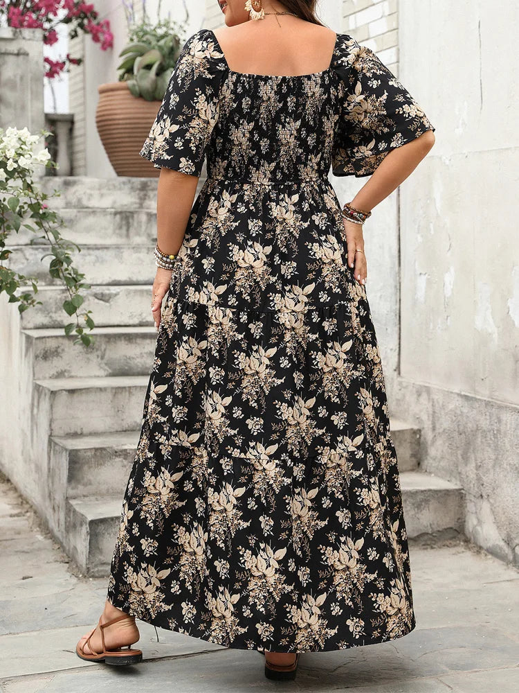 GIBSIE Plus Size Square Neck Floral Print Maxi Dress Women Summer 2026 Knot Front Hollow Out Boho Vacation Big Swing Dresses