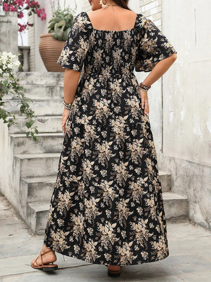 GIBSIE Plus Size Square Neck Floral Print Maxi Dress Women Summer 2026 Knot Front Hollow Out Boho Vacation Big Swing Dresses