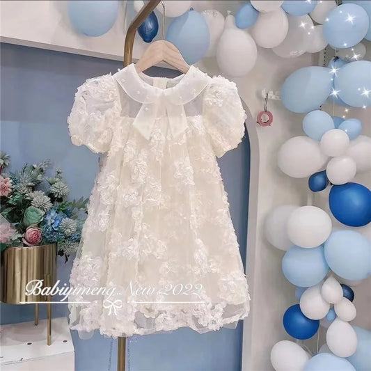 Baby Girls 3D Flowers Dress Summer Beaded Collar Princess Dress Fashion Kids Birthday Party Gown Children Clothes Vestidos 2-8 Y