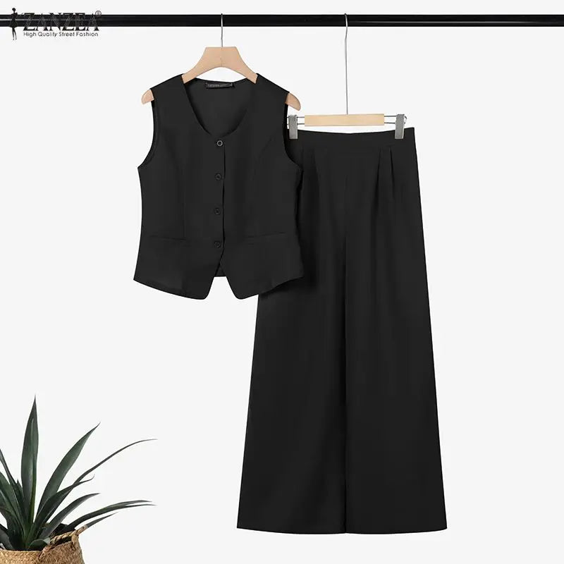 ZANZEA Women's Old Money Pant Suits Vintage U-Neck Vest Tops & Wide-Leg Pants 2 Pieces Sets Summer Office Commute 2pcs Outfits