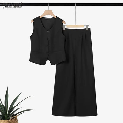ZANZEA Women's Old Money Pant Suits Vintage U-Neck Vest Tops & Wide-Leg Pants 2 Pieces Sets Summer Office Commute 2pcs Outfits