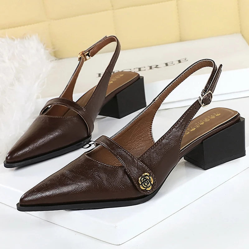 BIGTREE Shoes Retro Women's Sandals Pointed Tip Chunky Heel Women Shoes Buckle Middle Heel Sandals Summer Ladies Shoes 2026 New