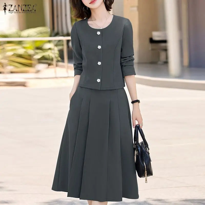 2026 ZANZEA Office Women Outfits 2 Piece Sets Spring Fashion O Neck Long Sleeve Shirt Dress Sets Elegant OL Work Midi Skirt Suit