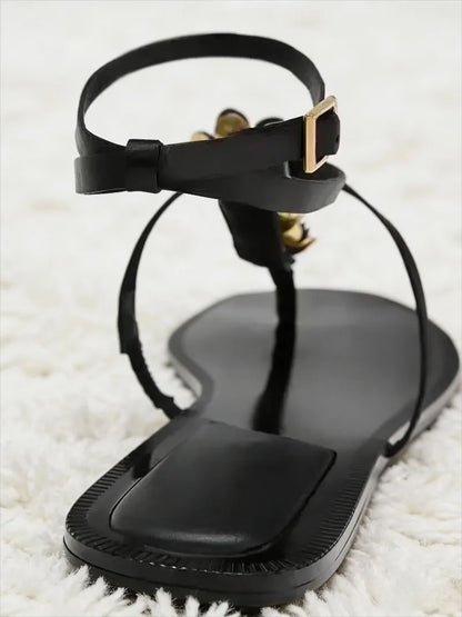 Luxury Metal Flower Decoration Flat Sandals Women Sexy Peep Toe Ankle Strap Flip Flops Summer Fashion Comfortable Beach Sandals