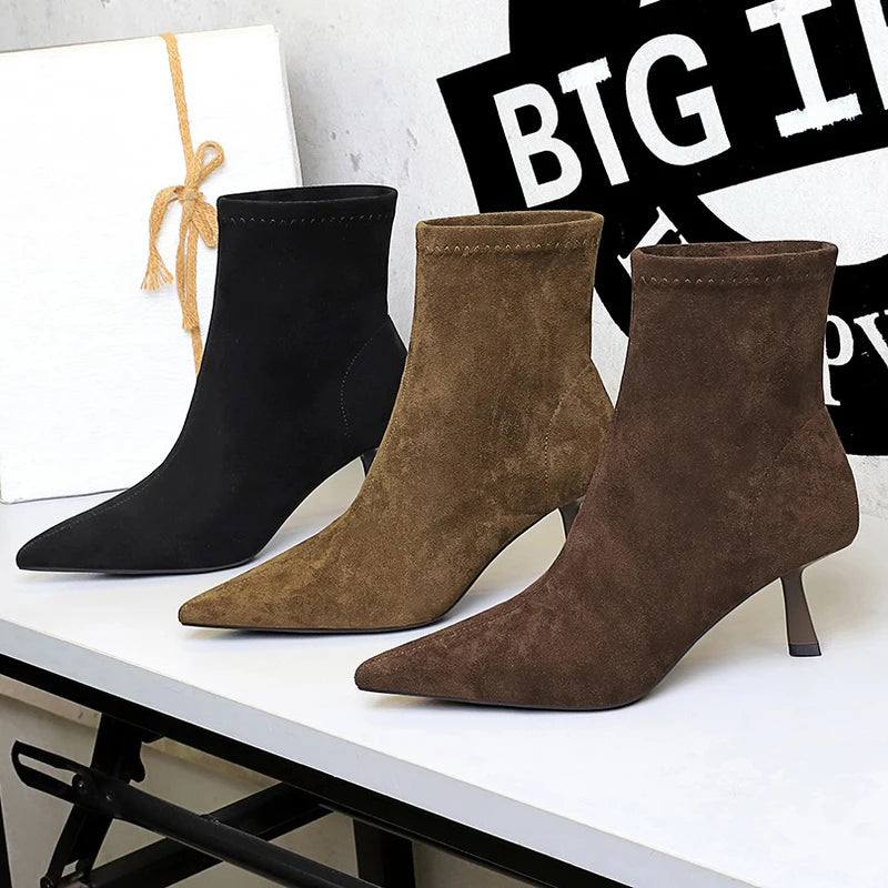 BIGTREE Shoes Retro Women's Boots Suede Pointed Women's Ankle Boots Stiletto High Heel Boots Autumn Winter Shoes Short Boots