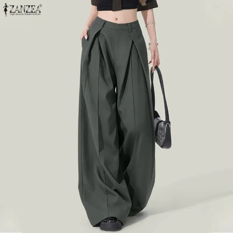 2026 ZANZEA Summer Causal Elastic Waist Baggy Trousers Fashion Women Loose Wide Leg Pants Elegant Solid OL Work Pantalon Street