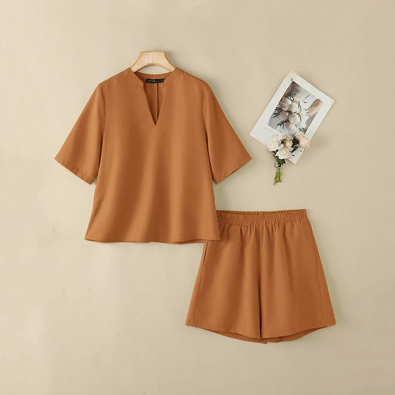 ZANZEA Fashion Women 2 Pieces Sets 2PCS V Neck Short Sleeve Blouse Short Sets Casual Solid Color OL Work Outfit Summer Tracksuit