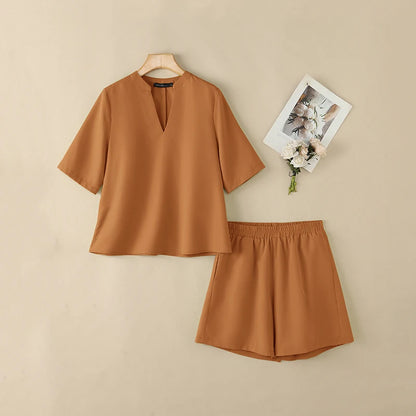 ZANZEA Fashion Women 2 Pieces Sets 2PCS V Neck Short Sleeve Blouse Short Sets Casual Solid Color OL Work Outfit Summer Tracksuit