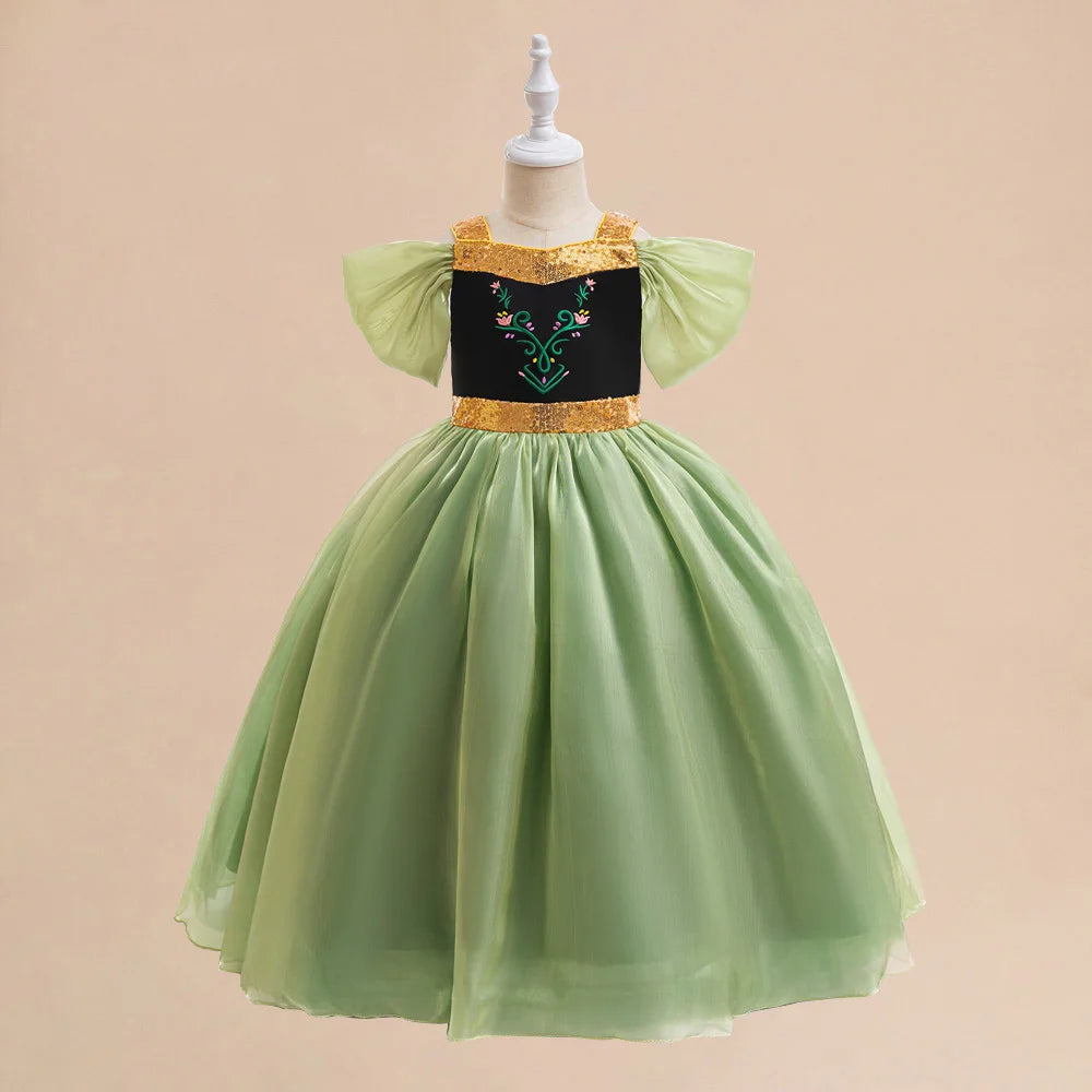 Girl Green Anna Princess Gown Kids Flower Embroidery Party Dress Girls Summer Daily Holiday Clothes Children Fashion Costumes
