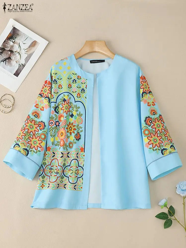 ZANZEA Bohemian Floral Printing Women Cardigan Autumn 2025 O-Neck Long Sleeve Open-Front Kimono Ethnic Style Woman Cover-Up Tops