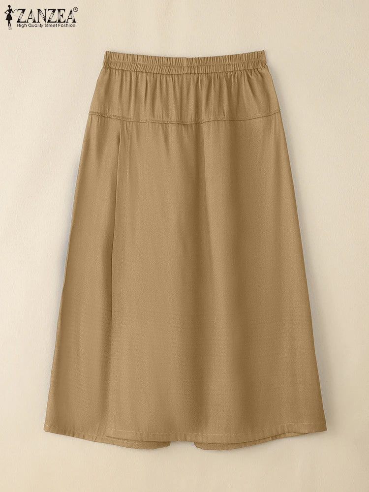 ZANZEA 2025 Fashion Women Skirt Pants Elastic Waist Pantalons Summer Casual High Waist Solid Color Long Trousers Wide Leg Pants