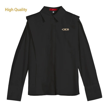 2024 Summer New Casual Turn-down Collar Ruffles Solid Women's  Blouses Lady Sweet office Long Sleeve Single Breasted Shirts Top