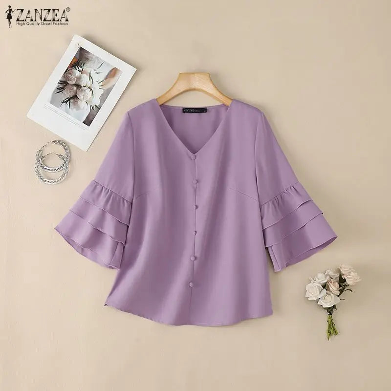 ZANZEA Woman Casual Blouses Elegant V-Neck 3/4 Layered Ruffle Sleeves Solid Color Tops 2026 Summer Everyday Wear Work Blusas